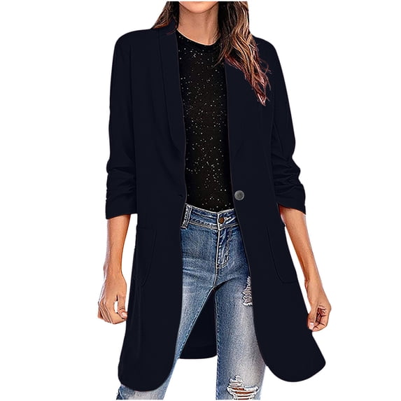 XFLWAM Women's Casual Long Blazers Long Sleeve Lapel Oversized Suit Jacket Elegant Work Office Blazer Jackets Navy Blue L