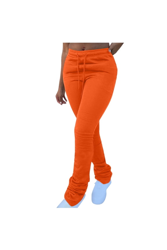 Women's Casual Stacked Sweatpants High Waisted Drawstring Workout Ruched Leggings Bell Bottom Flare Pants Orange XL