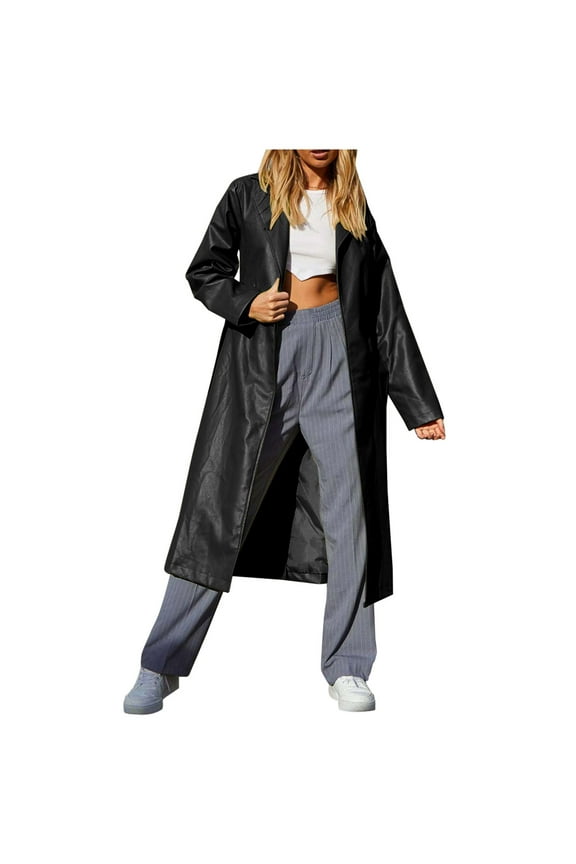 Women's Casual Trench Coat Open Front Belted Pu Faux Leather Long Overcoat Jacket Black S