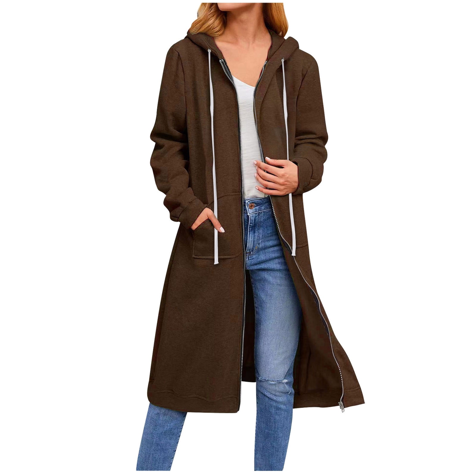 XFLWAM Women s Casual Zip up Fleece Hoodies Long Tunic Sweatshirts Jackets Fashion Plus Size Sweatshirt Coat with Pockets Coffee L