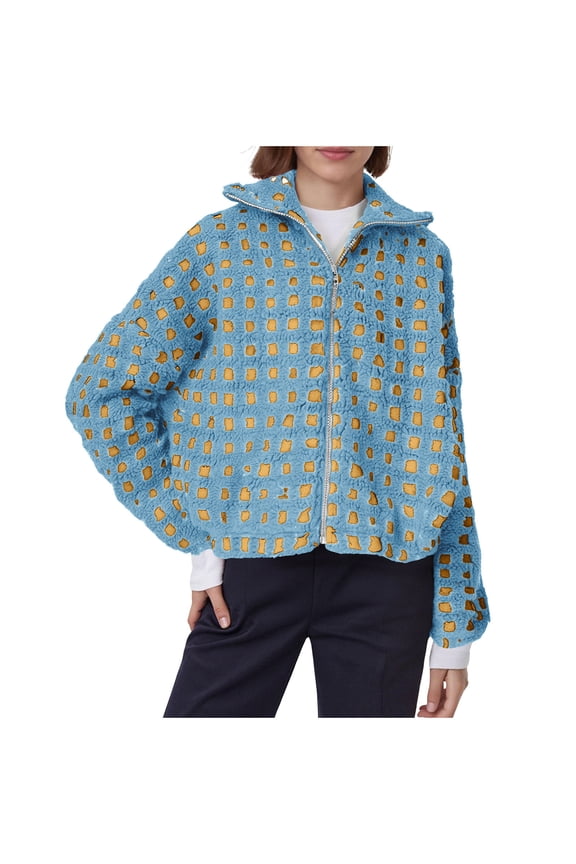Women's Checkered Sherpa Fleece Jacket Long Sleeve Zip Up Plaid Jacket Casual Loose Fall Winter Coat Outerwear with Pockets