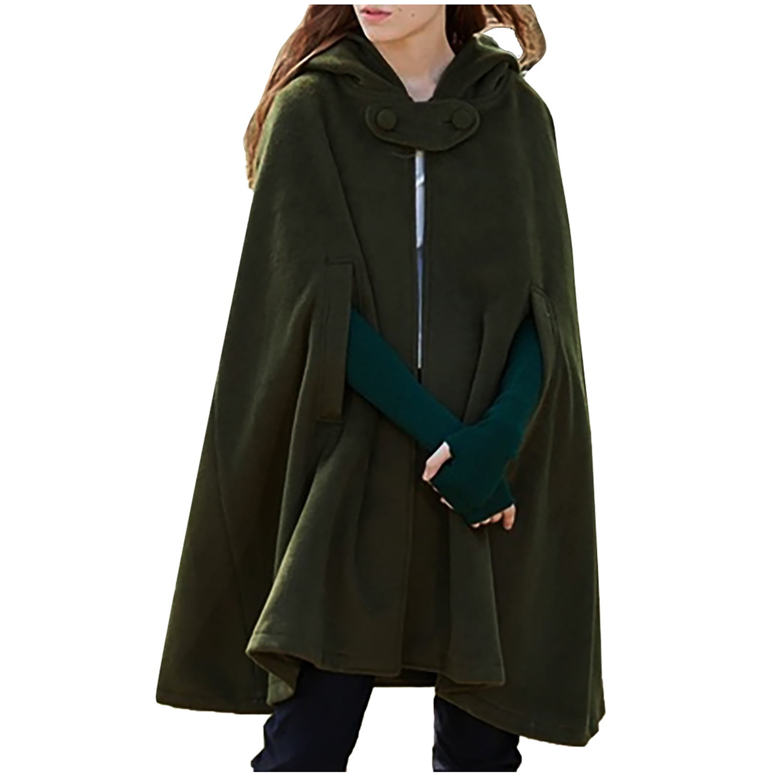 Green Hooded Wool Cape Coat Women Winter Wool Cloak Coat With Hood