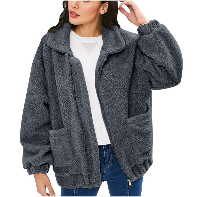 XFLWAM Women s Coat Casual Lapel Fleece Fuzzy Faux Shearling Zipper Coats Warm Winter Oversized Outwear Jackets with Pockets Dark Gray XL
