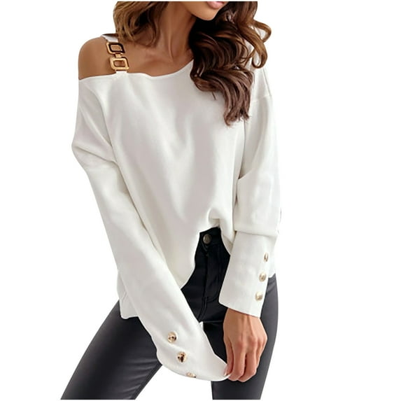 XFLWAM Women's Cold Shoulder Long Sleeve Button Tunic Tops Casual Solid Color Blouse Shirts White S