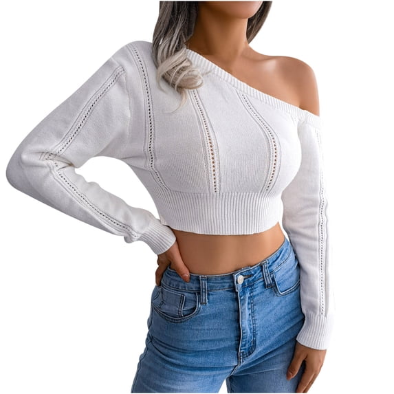 XFLWAM Women's Cold Shoulder Long Sleeve Knit Crop Tops Casual Solid Color Slim Fit Fall Knit Sweater White S
