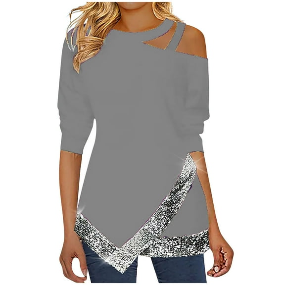 XFLWAM Women's Cold Shoulder Long Sleeve Top Casual Sequin Tunic Blouse T-Shirts Gray XL