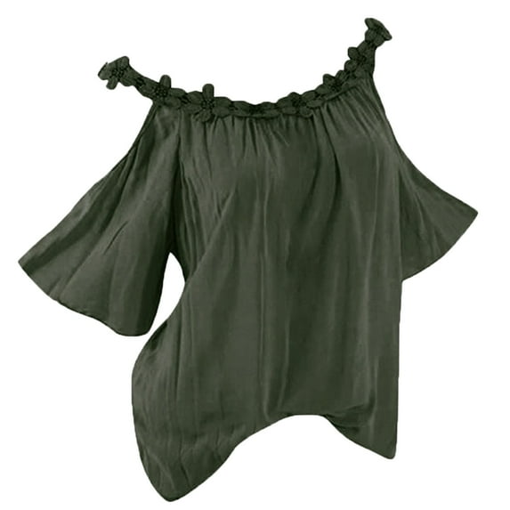 XFLWAM Women's Cold Shoulder Short Sleeve Tops Crochet Lace Trim Crew Neck T Shirts Solid Color Pleated Loose Casual Blouse Green L