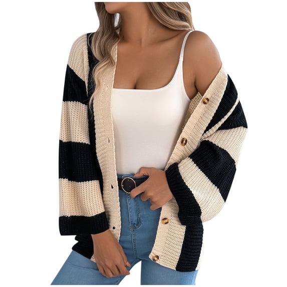 XFLWAM Women's Colorblock Lightweight Cardigan Sweaters Button Down Bell Sleeve Knit Outerwear Spring Fall Clothes Khaki M