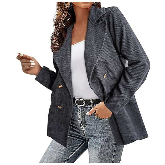 XFLWAM Women's Corduroy Elegant Work Blazers Jackets Retro Open Front Cardigan Plus Size Long Sleeve Business Coat Gray M