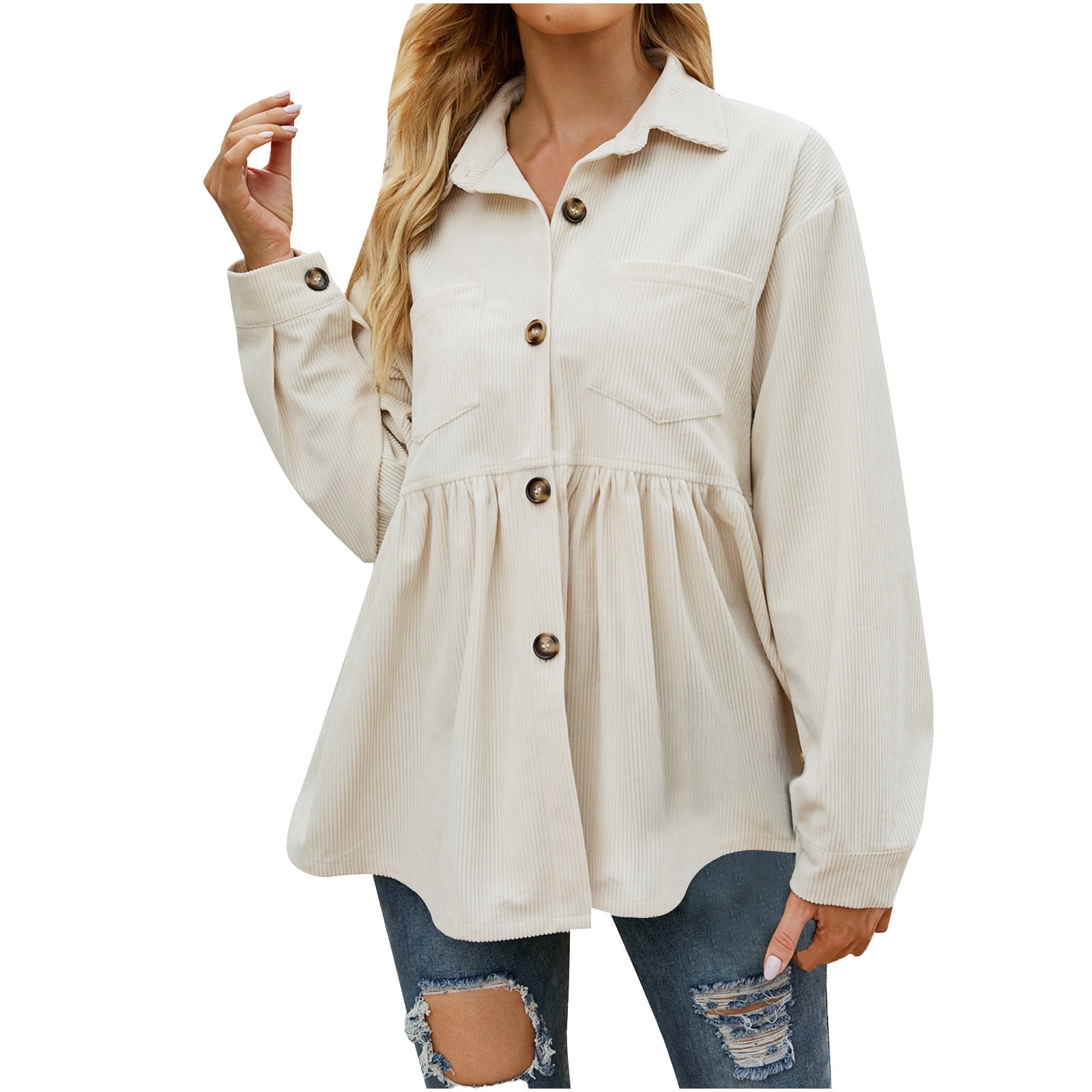 XFLWAM Women's Corduroy Peplum Button Down Shirt Jacket Long
