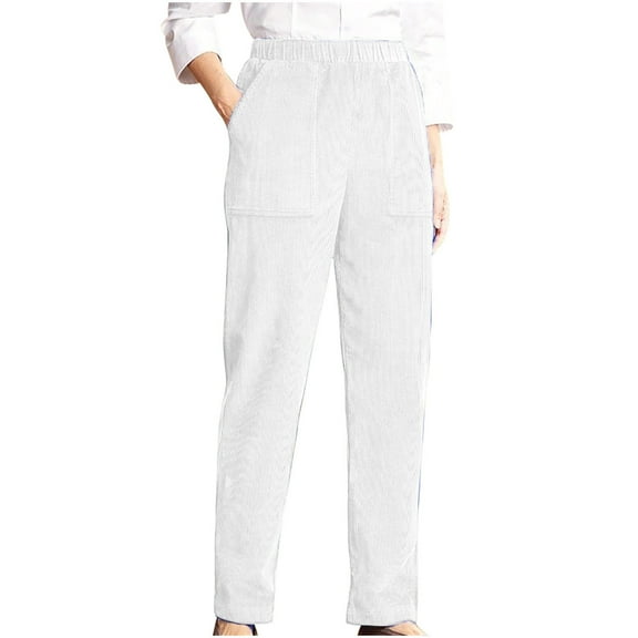 XFLWAM Women's Corduroy Trousers Elastic Waist Winter Thermal Pants with Pockets Casual Solid Color Straight Leg Trousers