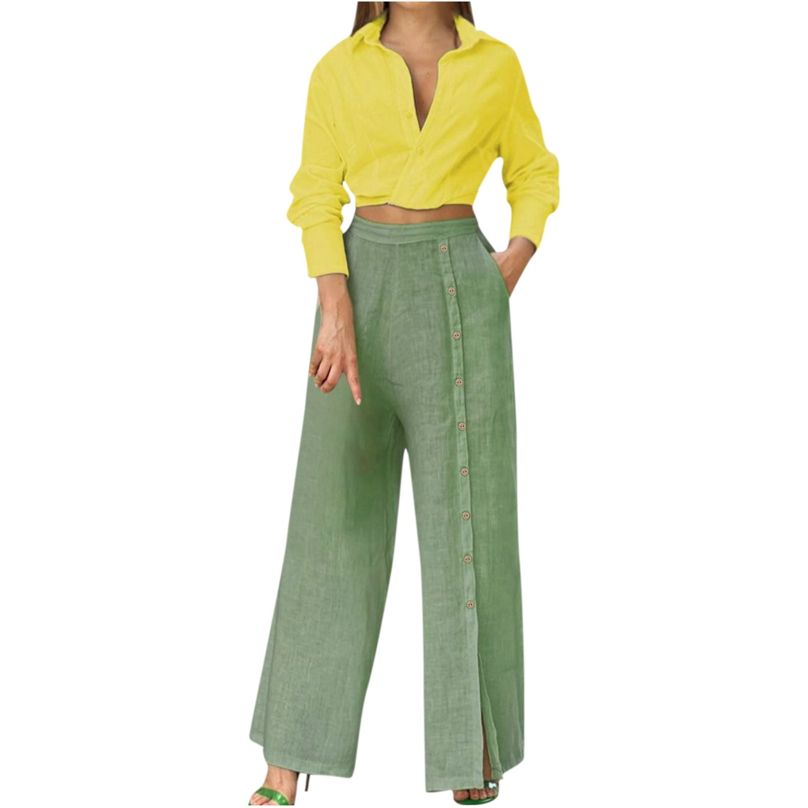 XFLWAM Women's Cotton Linen 2 Piece Outfits Long Sleeve Button