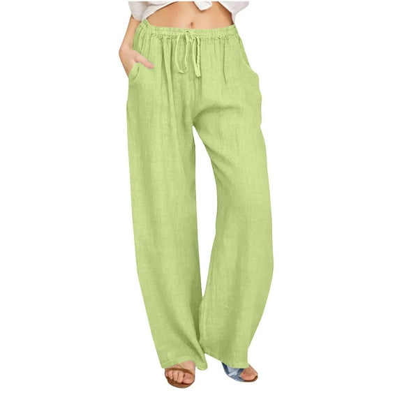 XFLWAM Women's Cotton Linen Palazzo Pants Drawstring High Waisted Wide Leg Pants Summer Casual Loose Fit Lightweight Trousers with Pockets Green S