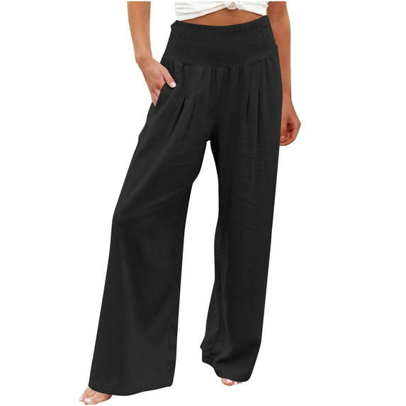 XFLWAM Women's Cotton Linen Palazzo Pants Trendy High Waist Smocked Wide Leg Pants Casual Lounge Trousers with Pockets Black XXL