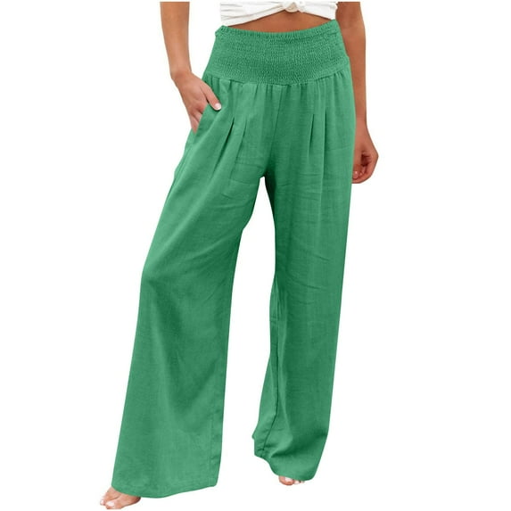 XFLWAM Women's Cotton Linen Palazzo Pants Trendy High Waist Smocked Wide Leg Pants Casual Lounge Trousers with Pockets Green S
