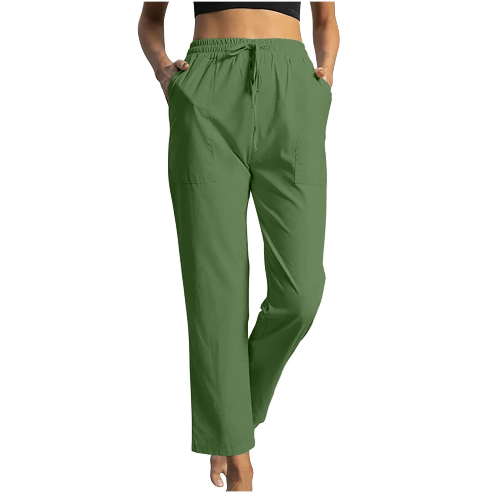 XFLWAM Women's Cotton Linen Pants Casual Drawstring Loose Elastic Waist  Beach Pant Trousers with Pockets Army Green XL 