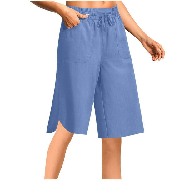 XFLWAM Women's Cotton Linen Shorts Wide Leg Capri Pants High Waisted Drawstring Palazzo Casual Pants with Pockets