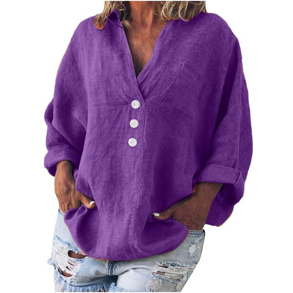 XFLWAM Women's Cotton Linen Tops Oversized Long Sleeve V Neck Button Blouses Fall Basic Solid Color Tunic Tops Linen Shirts Purple S