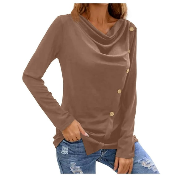 XFLWAM Women's Cowl Neck Ruched Casual Tops Long Sleeve Button Shirts Slim Fitted Blouses