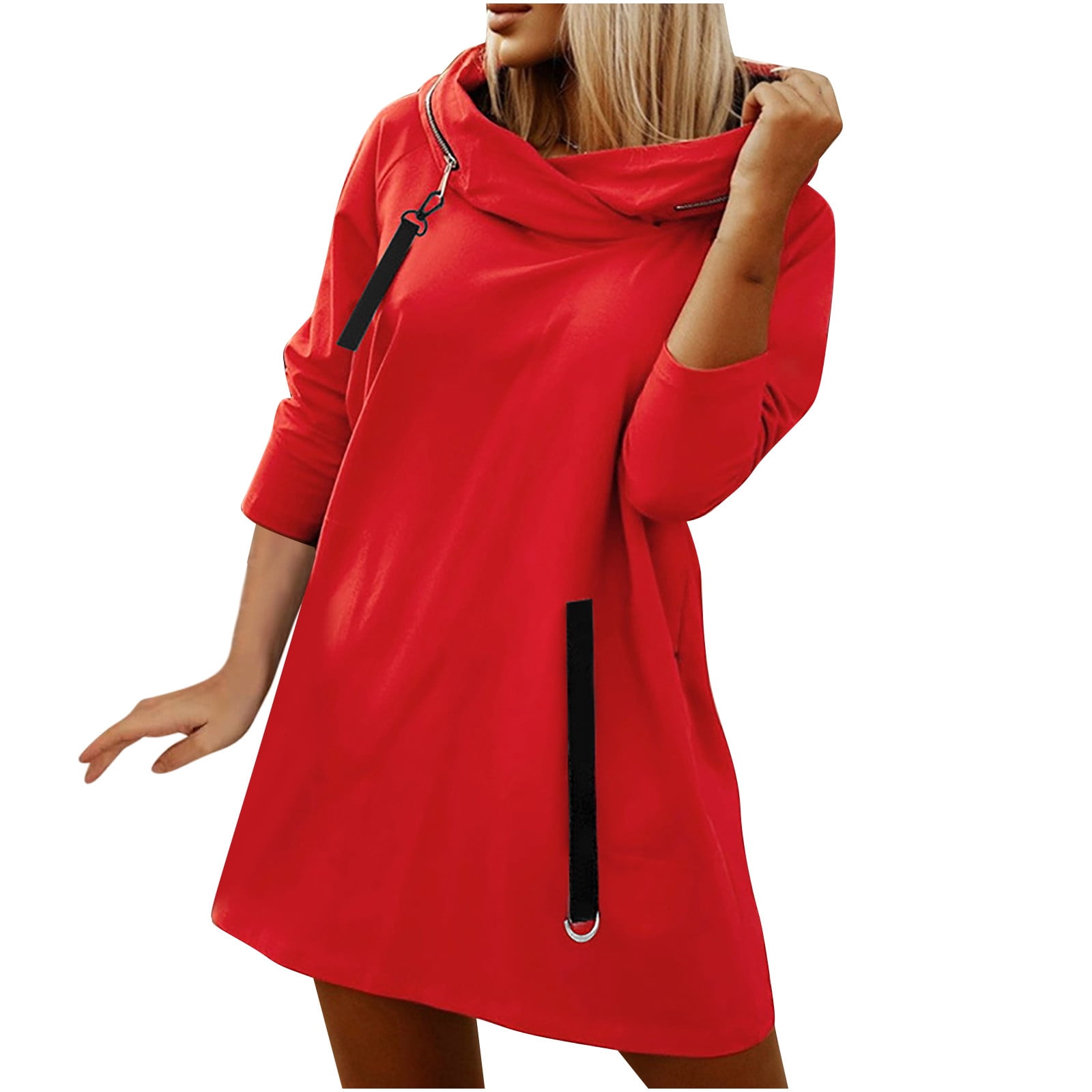XFLWAM Women's Cowl Neck Zipper Hooded Sweatshirt Solid