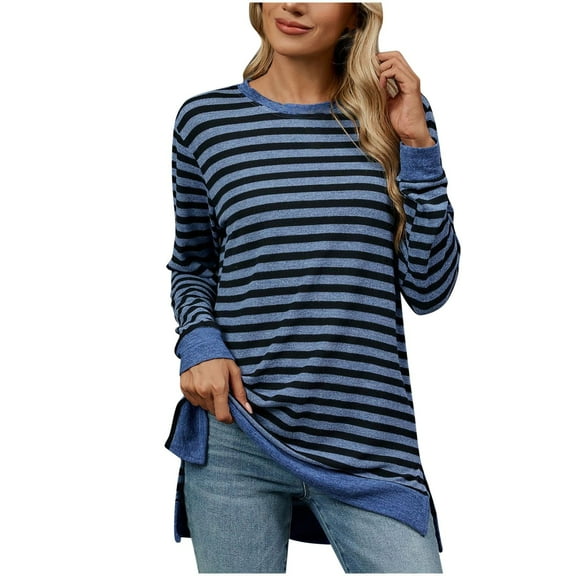 XFLWAM Women's Crew Neck Long Sleeve Sweatshirt Casual Loose Fit Striped Pullover Tops Side Slit Fall Tshirt Blue S