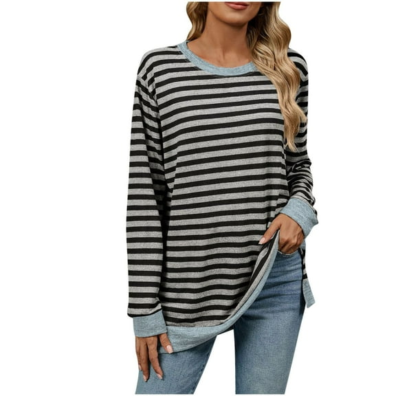 XFLWAM Women's Crew Neck Long Sleeve Sweatshirt Casual Loose Fit Striped Pullover Tops Side Slit Fall Tshirt Gray M
