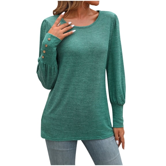 XFLWAM Women's Crew Neck Puff Long Sleeve Shirts Casual Loose Fit Pullover Tunic Tops Trendy Comfy Solid Basic T Shirts Green S