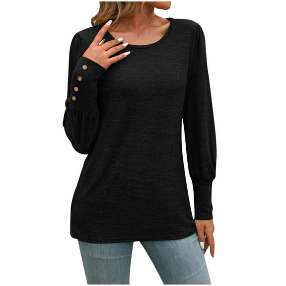 XFLWAM Women's Crew Neck Puff Long Sleeve Shirts Casual Loose Fit Pullover Tunic Tops Trendy Comfy Solid Basic T Shirts L