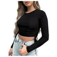 thumbnail image 1 of XFLWAM Women's Crew Neck Ruched Side Drawstring Crop Top Long Sleeve Ribbed Fitted Crop T-Shirt Cute Solid Color Bodycon Tops Black M, 1 of 7