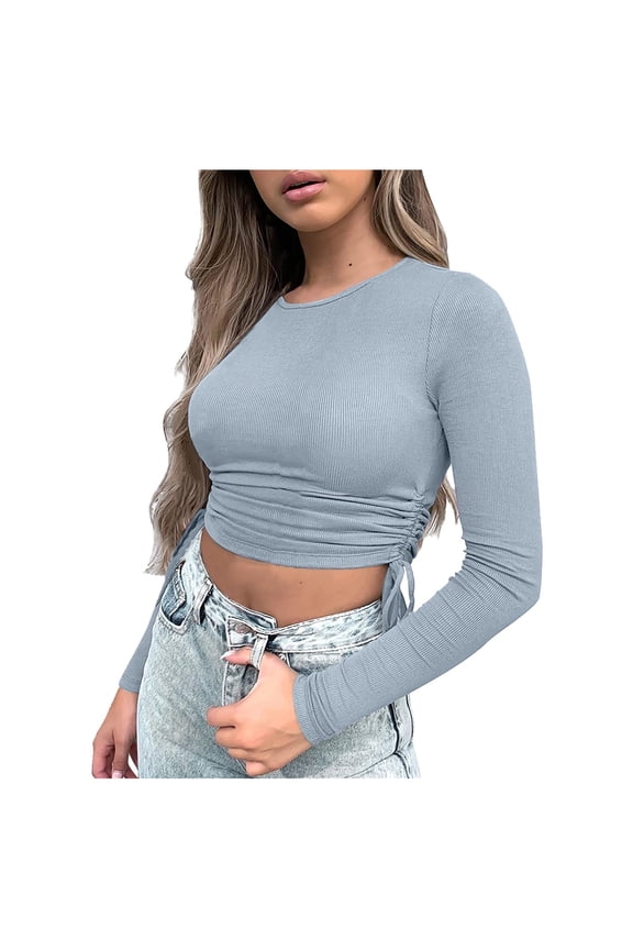Women's Crew Neck Ruched Side Drawstring Crop Top Long Sleeve Ribbed Fitted Crop T-Shirt Cute Solid Color Bodycon Tops Blue L