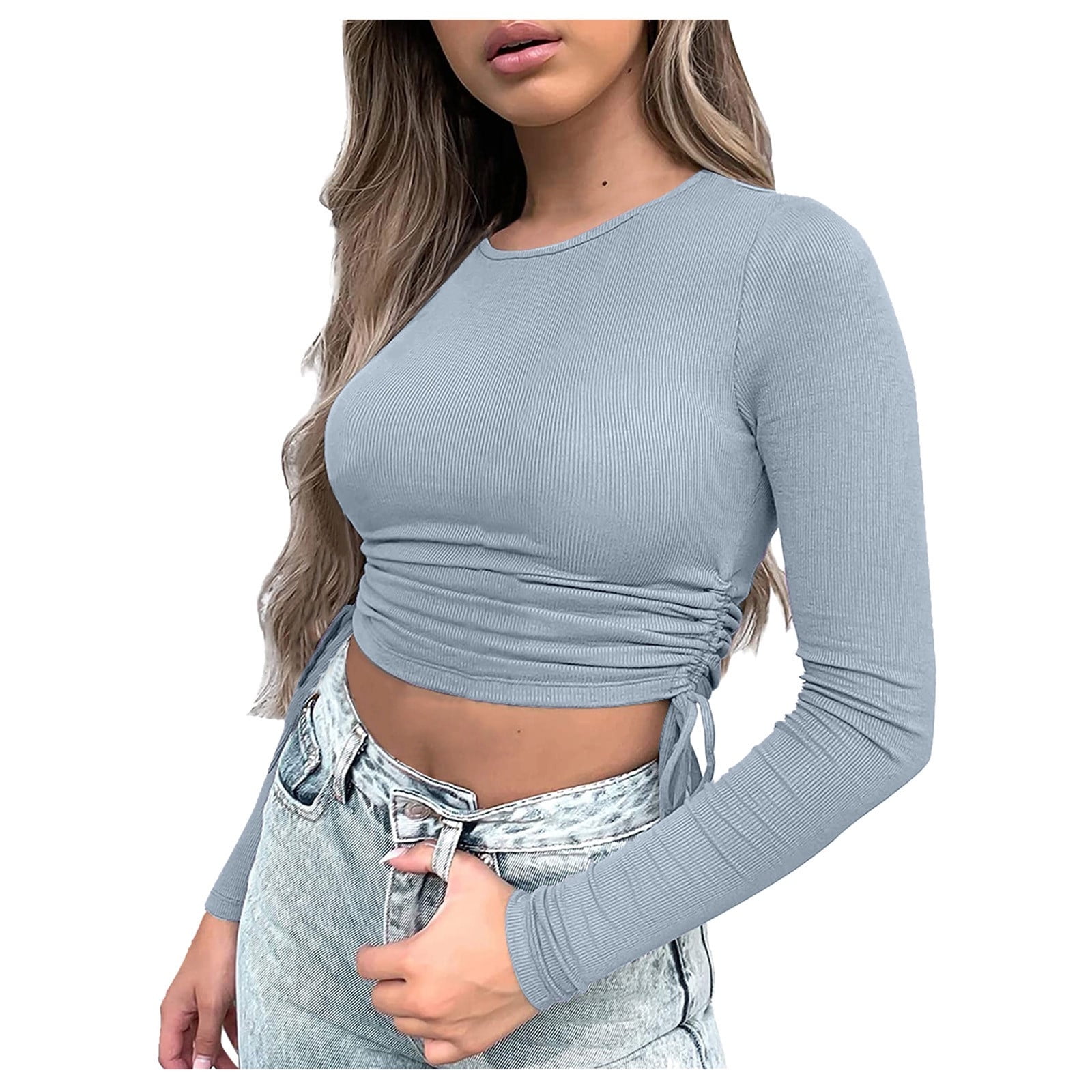 XFLWAM Women's Crew Neck Ruched Side Drawstring Crop Top Long Sleeve Ribbed  Fitted Crop T-Shirt Cute Solid Color Bodycon Tops Blue S