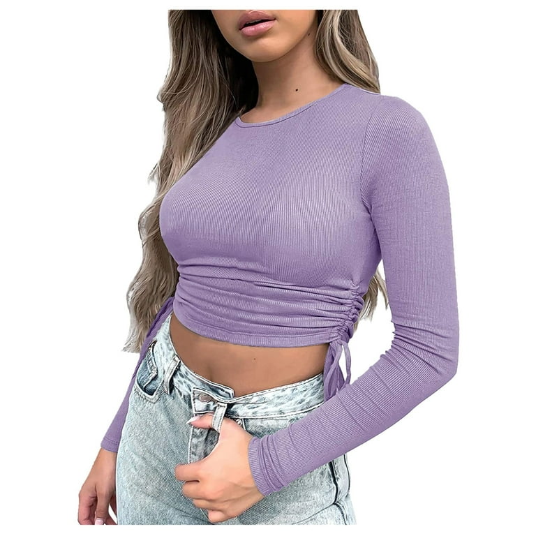 XFLWAM Women's Crew Neck Ruched Side Drawstring Crop Top Long Sleeve Ribbed  Fitted Crop T-Shirt Cute Solid Color Bodycon Tops Purple L