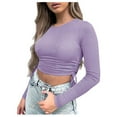 thumbnail image 1 of XFLWAM Women's Crew Neck Ruched Side Drawstring Crop Top Long Sleeve Ribbed Fitted Crop T-Shirt Cute Solid Color Bodycon Tops Purple S, 1 of 7