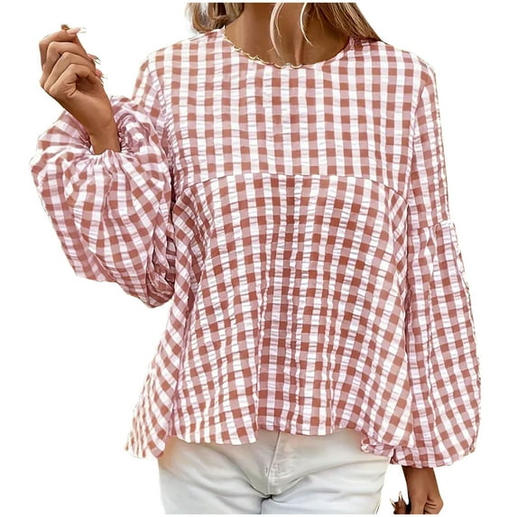 XFLWAM Women's Crew Neck Ruffle Babydoll Tops Plaid Lantern Long Sleeve T Shirts Casual Trendy Loose Flowy Hem Cute Blouses Pink L