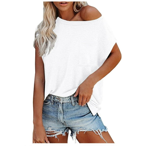 XFLWAM Women's Crew Neck Short Sleeve Tunic Tops Basic Loose T Shirts Solid Color Batwing Sleeve Casual Tee with Pocket White S