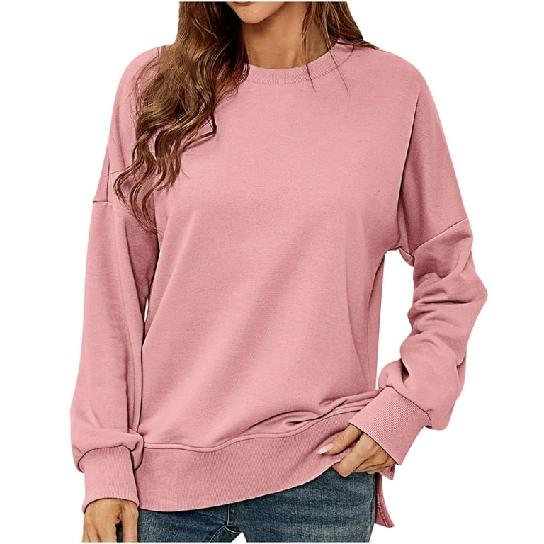 XFLWAM Women s Crew Neck Sweatshirt Long Sleeve Side Split Hem Pullover Tops Solid Color Lightweight Casual Loose Fall 2023 Trendy Clothes Pink M