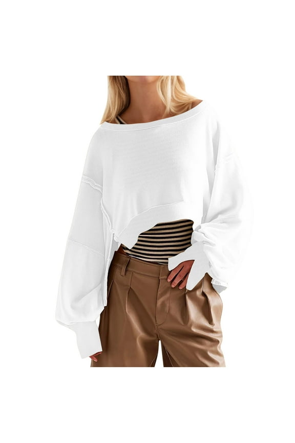 Women's Crewneck Crop Sweatshirts Oversized Lantern Long Sleeve Side Split Pullover Tops Casual Fall Slouchy Hoodie S