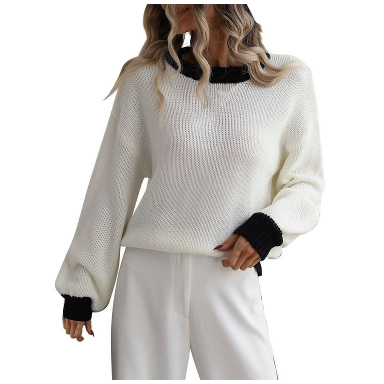 XFLWAM Women's Crewneck Long Sleeve Oversized Fuzzy Knit Chunky Warm  Pullover Sweater Top White L 