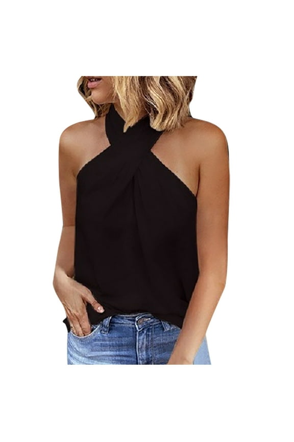 Women's Criss Cross Halter Zipper Back Top Summer Casual Solid Color Sleeveless Tank Tops Basic Loose Fit T Shirts Vest Black S