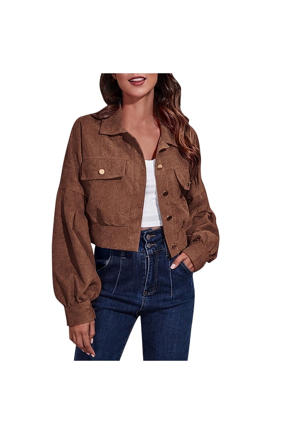 Women's Cropped Corduroy Jacket Button Down Puff Sleeve Shacket Jacket Casual Loose Lightweight Fall Winter Coat with Pockets