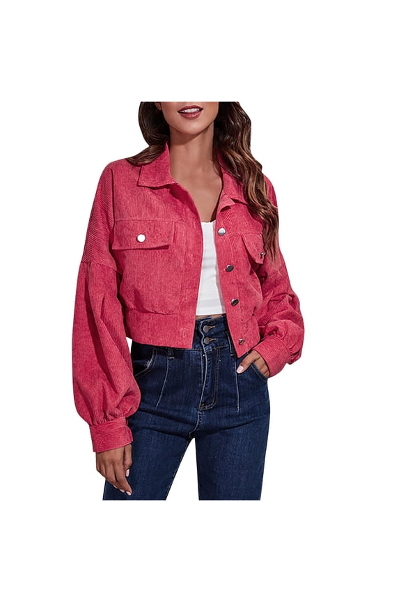 Women's Cropped Corduroy Jacket Button Down Puff Sleeve Shacket Jacket Casual Loose Lightweight Fall Winter Coat with Pockets