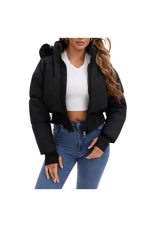 Women's Cropped Puffer Jacket Faux Fur Hooded Winter Warm Padded Coat Stand Collar Quilted Down Coats with Zip Pocket Black M