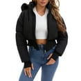 thumbnail image 1 of XFLWAM Women's Cropped Puffer Jacket Faux Fur Hooded Winter Warm Padded Coat Stand Collar Quilted Down Coats with Zip Pocket Black S, 1 of 8