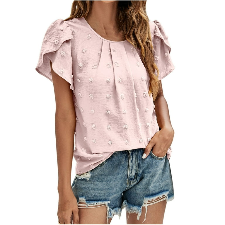 XFLWAM Women s Cute Swiss Dot Casual Summer Tops Crew Neck Short Sleeve Blouses Solid Color Loose Fit Shirts Tees Pink S