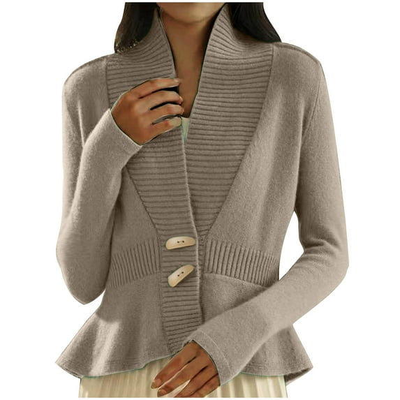 XFLWAM Women's Deep V Neck Retro Knit Cardigan Long Sleeve Button Down Peplum Knit Sweater Ruffle Hem Sweater