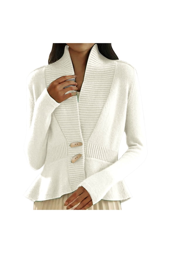 Women's Deep V Neck Retro Knit Cardigan Long Sleeve Button Down Peplum Knit Sweater Ruffle Hem Sweater