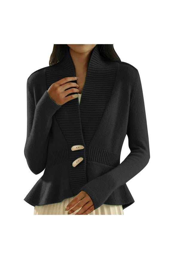 Women's Deep V Neck Retro Knit Cardigan Long Sleeve Button Down Peplum Knit Sweater Ruffle Hem Sweater