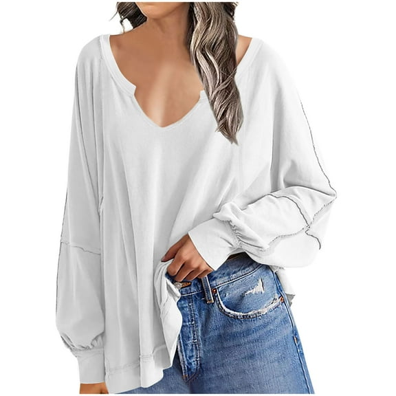 XFLWAM Women's Deep V Neck Sweatshirts Long Sleeve Sexy Pullover Tops Casual Solid Color Loose Fit Fall Fashion T Shirt S