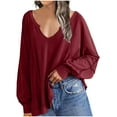 thumbnail image 1 of XFLWAM Women's Deep V Neck Sweatshirts Long Sleeve Sexy Pullover Tops Casual Solid Color Loose Fit Fall Fashion T Shirt Wine M, 1 of 7