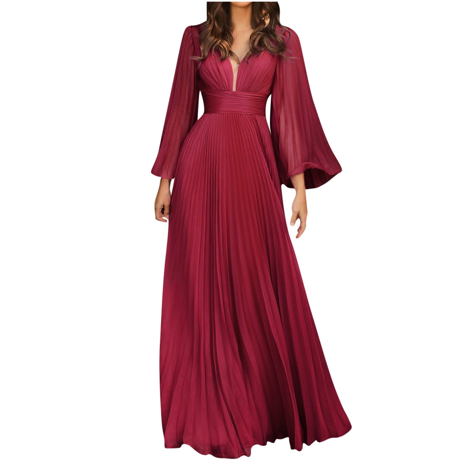 XFLWAM Women's Deep Vneck Long Bell Sleeve Wedding Guest Dress Elegant  Backless Pleated Formal Evening Maxi Long Dress Red L - Walmart.com